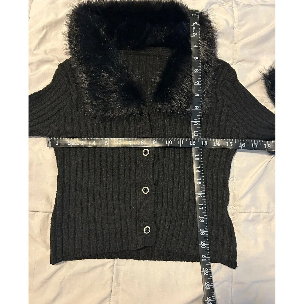 Shein Black Ribbed Knit Cardigan Faux Fur Collar and Cuffs Y2K Top 1474